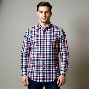 Peter Millar Long Sleeve Shirt Mens Medium Blue Pink Plaid 100% Cotton